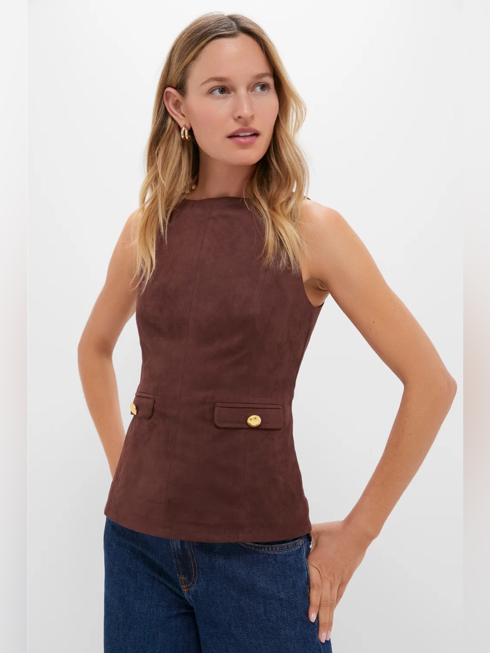 New HYACINTH HOUSE Brown Faux Suede Franz Top Sleeveless Suede Shell Top Large